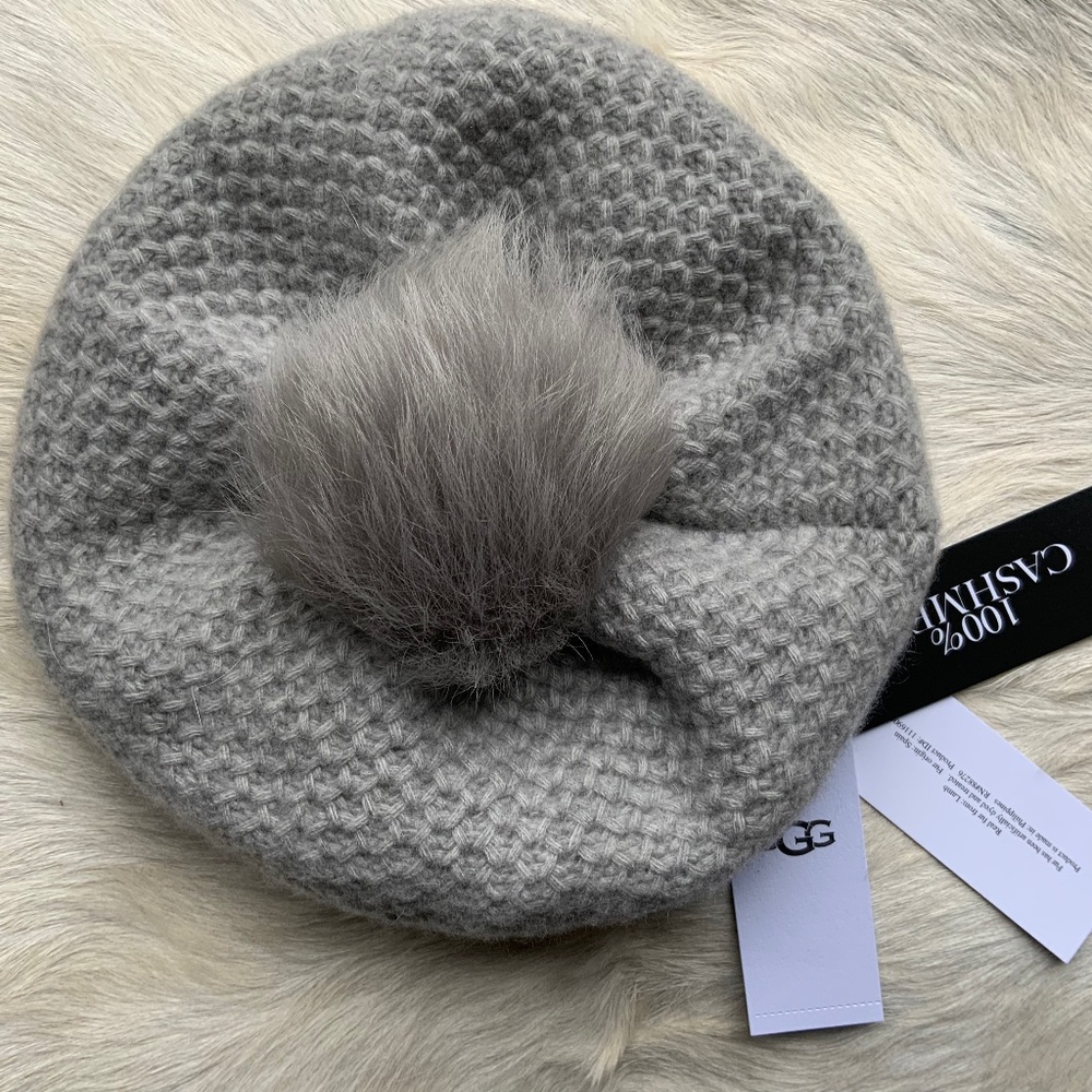 Ugg 100% Cashmere Grey Hat Aislinn Honeycomb Knit Pom Beret $125.00